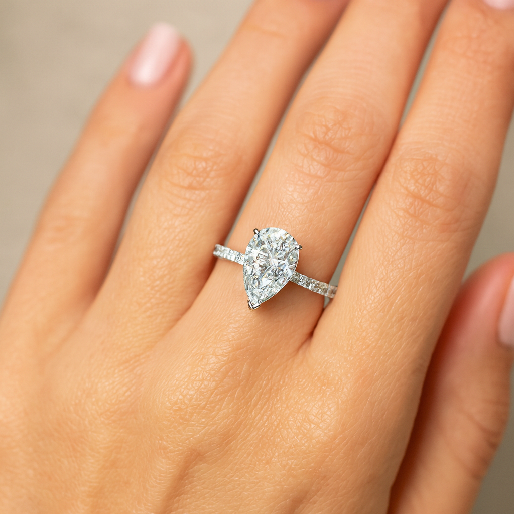 Pear Shape Lab Diamond Engagement Ring On Hand Pear Shape Lab Diamond Engagement Ring On Hand