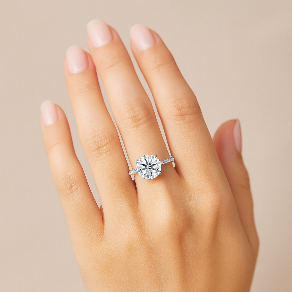 Round Diamond Engagement Ring With Side diamonds Hand Round Diamond Engagement Ring With Side diamonds Hand