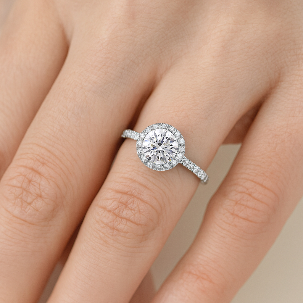 Round Lab Diamond Halo Engagement Ring On Hand Round Lab Diamond Halo Engagement Ring On Hand