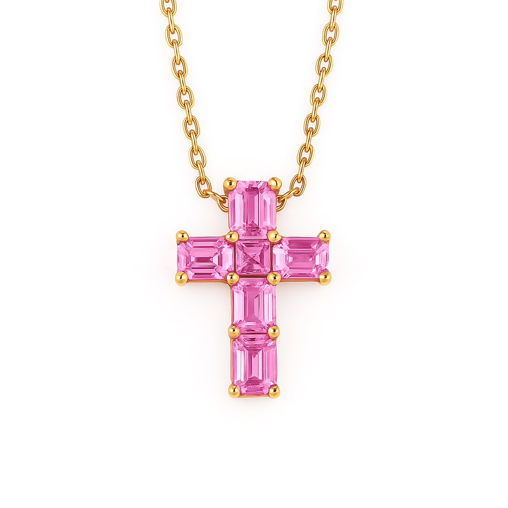 Emerald Cut Pink Sapphire Cross Pendant Emerald Cut Pink Sapphire Cross Pendant