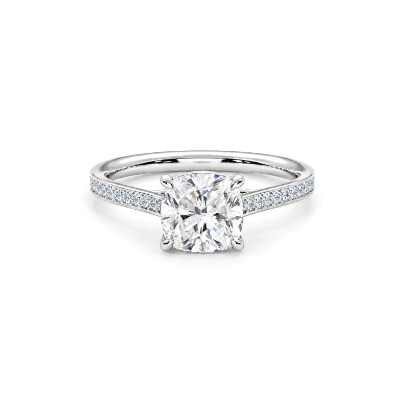 Cushion lab diamond ring with Shoulder diamonds Dubai